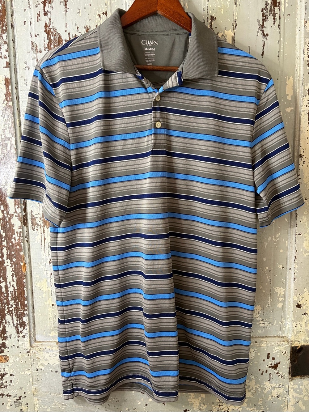Chaps Gray Polo with Blue & Navy Stripe Detail